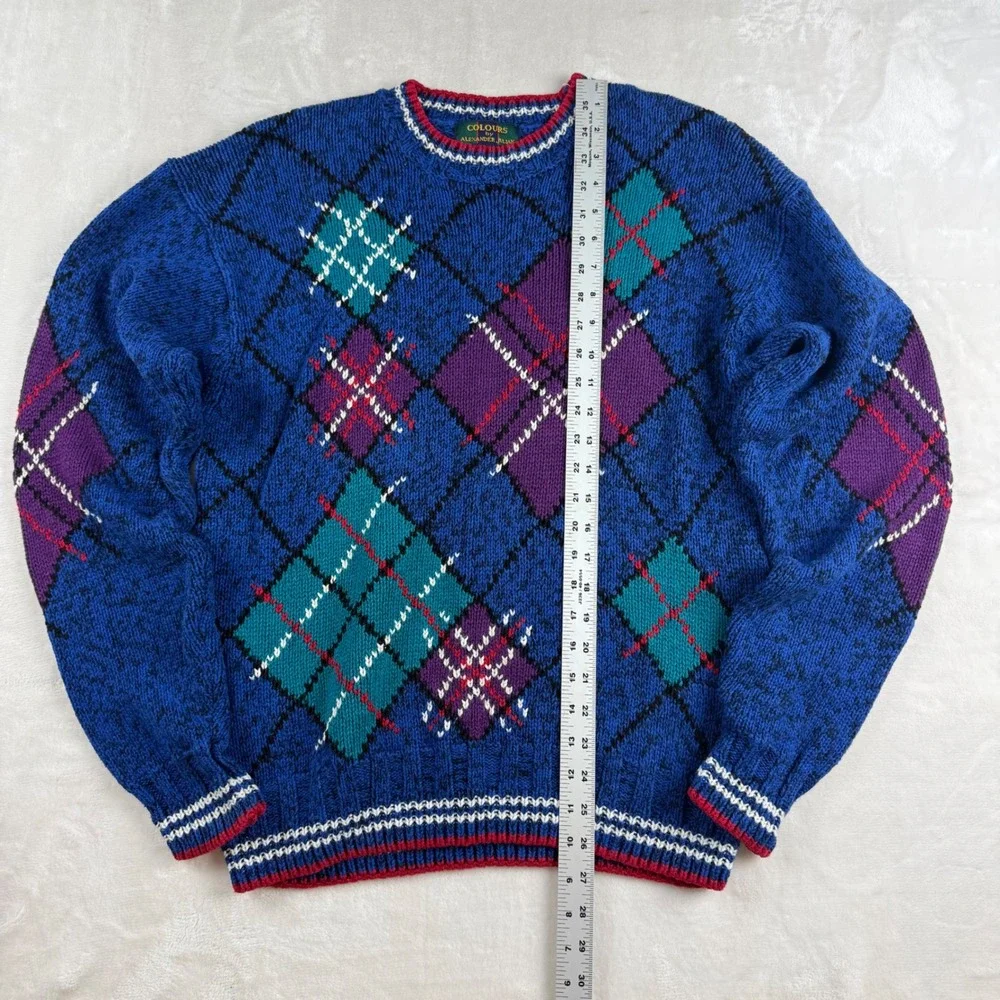 Vintage Colours by Alexander Julian Sweater Mens L Blue Argyle Linen Cotton
